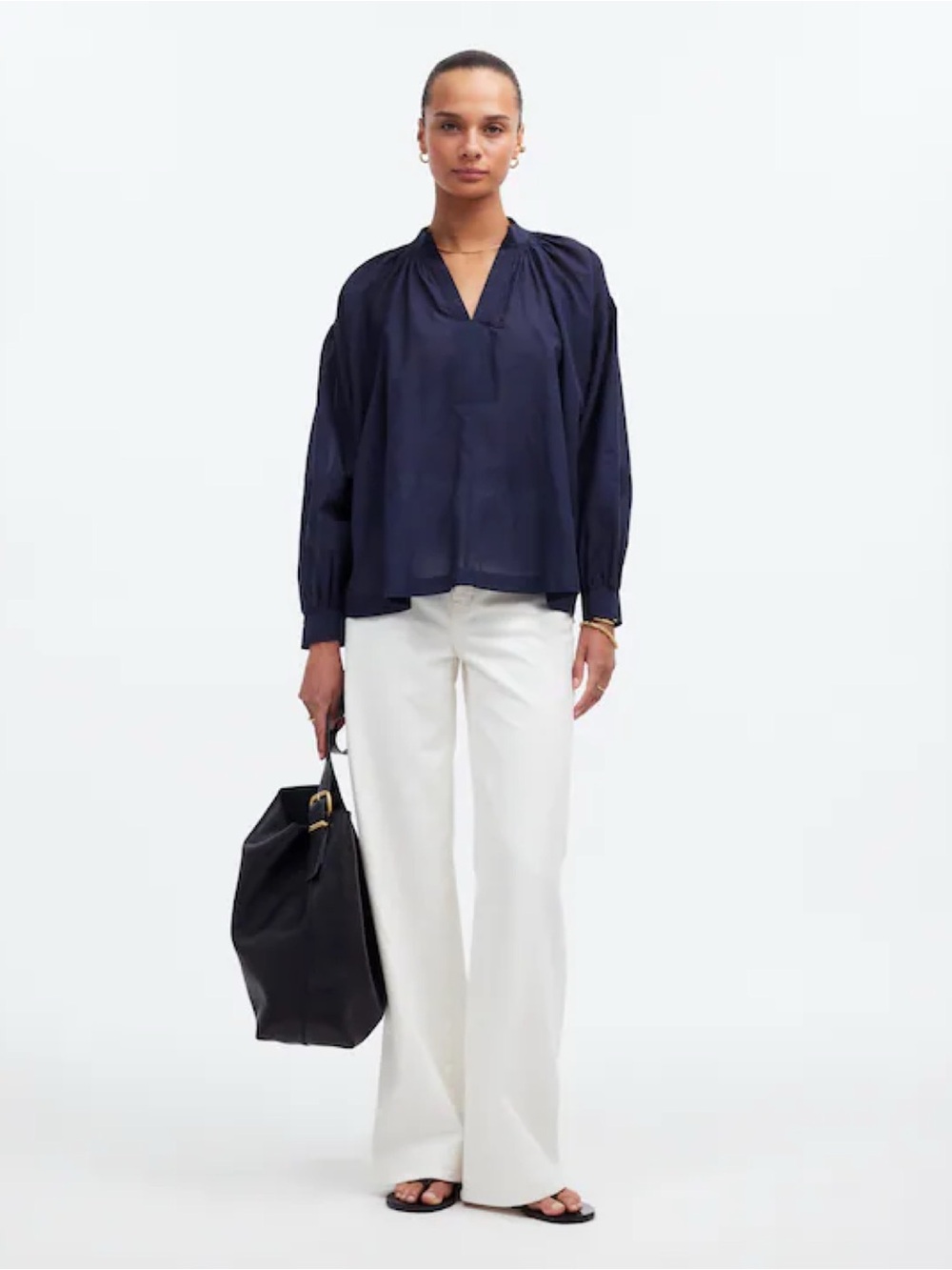 NWT Madewell Shirred Long-Sleeve Top in Navy Blue - Picture 3 of 7